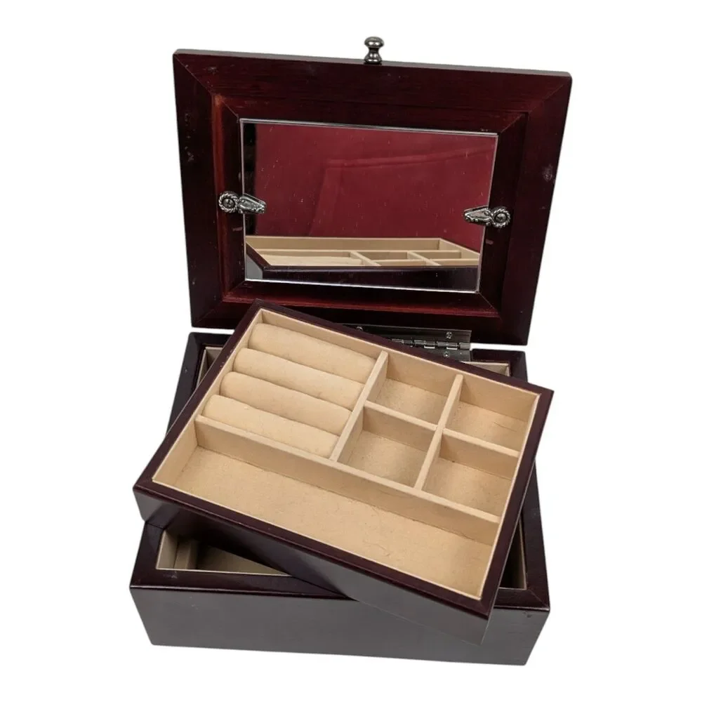 Jewelry Box Cherry Wood w/‎ Mirror and Lift Tray Felt Inside replaceable photo